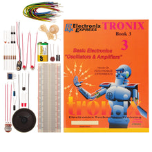 Load image into Gallery viewer, Complete students’ introduction to electronics with an understanding of oscillators and amplifiers | 95 page illustrated manual on how basic electronics oscillators work | Classroom friendly, no soldering required | Complete with everything needed including battery and manual | Lessons include: Vacuum Tubes and Transistors, Transistors as Amplifiers, Audio Amplifying Systems, Transistors in Oscillators, and Oscillator Applications