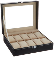Load image into Gallery viewer, Medium Watch Box with 10 Compartments, Black Faux Leather Display Case with Glass Top - Jewelry Organizer