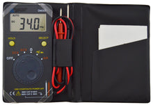 Load image into Gallery viewer, 1999 Count Auto-Ranging Pocket Sized Digital Multimeter | AC/DC to 600V, Capacitance to 200uF, Frequency to 100KHz, and Resistance to 20M ohms | AC Current: 0 - 200mA, DC Current: 0 - 200mA | Features Data Hold, Relative measurement, Auto power off, Continuity beeper, Diode test | Includes test leads and black folio storage case