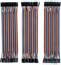 Load image into Gallery viewer, Includes 3 Dupont cables: Male to Male, Female to Female, Male to Female | 40 pins per cable | Male pins fit standard 0.1"(2.54mm) female sockets | Female pins fit standard 0.1"(2.54mm) male headers | Each cable measures approximately 8L x 2W