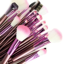 Load image into Gallery viewer, Total 22 brushes for facial makeup: Foundation Brush, Concealer Brush, Eyeshadow Brush, Eyebrow Brush, Blush Brush, Lip Brush, Mascara Brush | Pink Handles - Super Sheek and Professional with Style! | 22 Make up Brushes to create that perfect face. Contour, Highlight and Glows will be reached easily with this set. | Great for Pro MUA, MUA Students and Home Use | Comes with protective carrying leather case