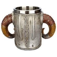Load image into Gallery viewer, Viking Skeleton Mug with Horn Handles - Stainless Steel Cup Holds 17 Ounces - Gothic Medieval Tankard