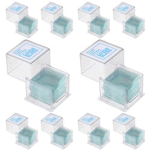 Load image into Gallery viewer, Pack of 1000 cover slips for microscope slides | Each coverslip measures 18x18mm and has a .13 to .17mm thickness | Made of glass | Useful for fixing specimens on microscope slides and preventing sample contamination | Includes 10 small plastic storage boxes, containing 100 slips each