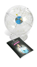 Load image into Gallery viewer, Transparent 12" celestial globe maps constellations for students studying astronomy in grades 5-12 | Printed 4" earth globe and 3/4" yellow sun mounted inside the star globe rotate independently and demonstrate the earth's apparent relationship to the stars, planets, and galaxies | Poles adjust for the month and day to show the positions of the stars relative to the calendar | Teacher's guide provides 13 activities and seven student worksheets | Includes base for stability