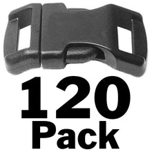 Load image into Gallery viewer, Pack of 120 Arched Plastic Side Release Buckles | Designed to fit 1/2 inch webbing or straps | Ideal for DIY bracelets, collars, belts, harnesses, backpacks, and more | Dimensions: 1. 5" x 0. 7" x 0. 3" |