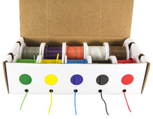 Load image into Gallery viewer, Hook-Up Stranded Wire Kit | 10 (25 feet) spools contained in a cardboard dispensing box, which keeps hook-up wire neat and clean | Assorted colors: Red, black, green, yellow, blue, white, purple, orange, gray and brown | Insulation: PVC .010", Voltage Rating: 300 Volts | Flame retardant and resistant to water, oil