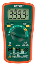 Load image into Gallery viewer, Compact autoranging multimeters with 10 functions including temperature | Large easy to read digital display | AC/DC voltage, DC current, resistance, capacitance, frequency, Type K temperature, continuity/diode | Convenient mini size with protective rubber holster and tilt stand | Data hold locks reading in the display