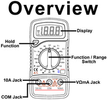 Load image into Gallery viewer, Digital Multimeter 3½ Digit 1999 Counts LCD Display, AC/DC to 600V, Current to 10A, Measures Resistance, Continuity / Diode / Transistor Test
