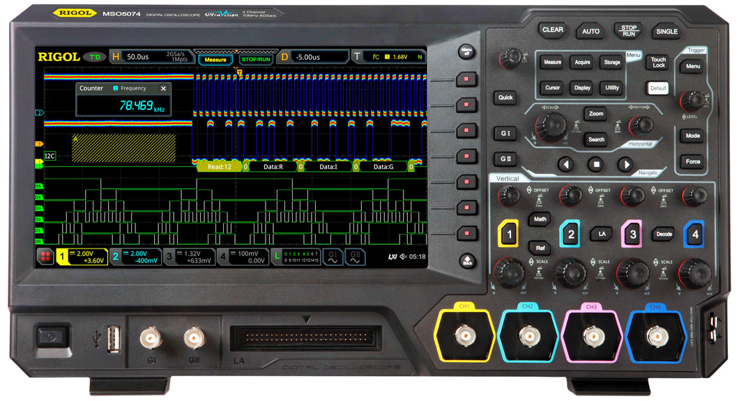 Rigol MSO5074 Mixed Signal Oscilloscope - 70 MHz, 4 Analog Channels, 8 GSa/s Real-time Sample Rate, 100 Mpts Max Memory Depth, 500,000 wfms/s Waveform Capture Rate