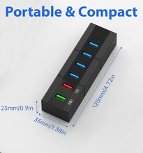 Load image into Gallery viewer, Powered USB 3.0 Hub, 6 Ports High Speed USB 3.0 Hub Splitter with 24W Power Adapter, 3.3ft Cable and Smart Fast Charger USB Hub for Laptop, PC, Mac, Mobile HDD, Mulitple Devices (Black)
