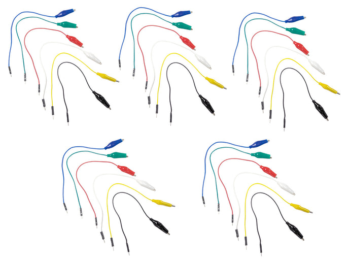 30 Piece Alligator Clip to Male Jumper Pin Test Lead Set - Includes 5 Green, 5 Red, 5 Black, 5 Yellow, 5 White, and 5 Blue Cables, 8-inch Length