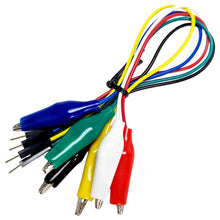 Load image into Gallery viewer, 30 Piece Alligator Clip to Male Jumper Pin Test Lead Set - Includes 5 Green, 5 Red, 5 Black, 5 Yellow, 5 White, and 5 Blue Cables, 8-inch Length

