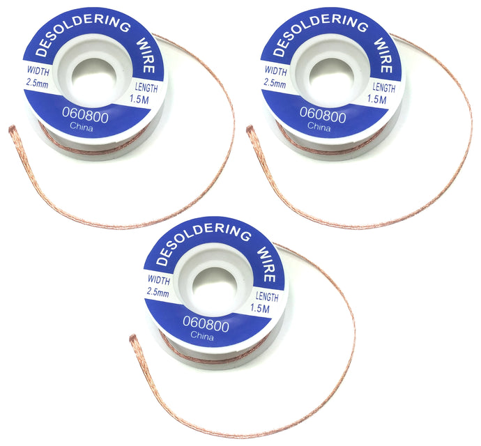 3 Pack Desoldering Wick, 2.5mm Width, 5' Length for Solder Removal
