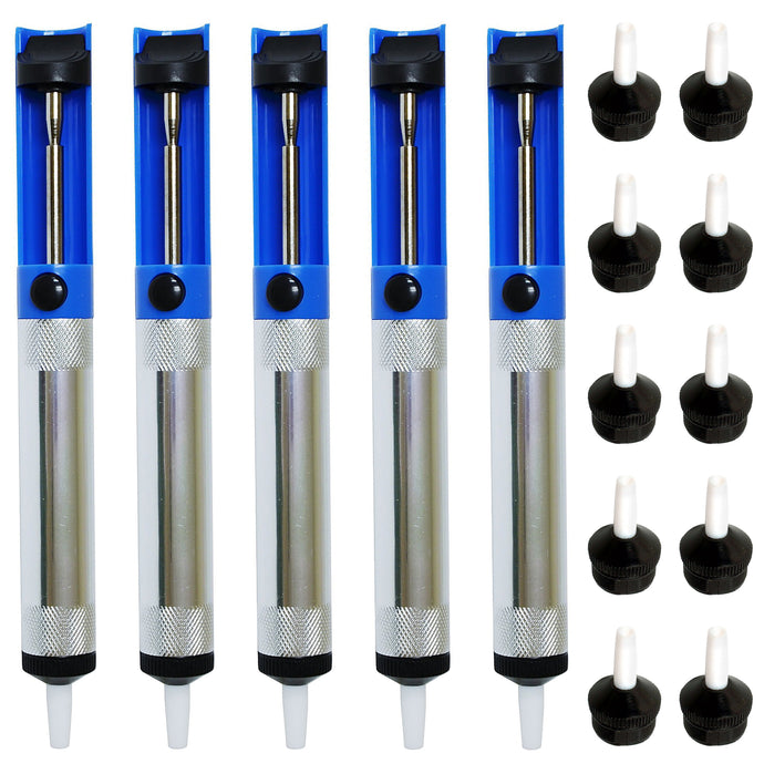 5 Pack Solder Sucker RoHS Certified Desoldering Pump, Each Pump Comes with 2 Spare Tips