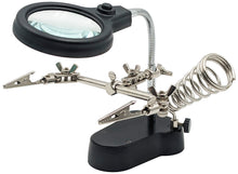 Load image into Gallery viewer, Helping Hand Project Holder with Flexible 2.5x Magnifying Glass, LED Lights, and Soldering Iron Holder
