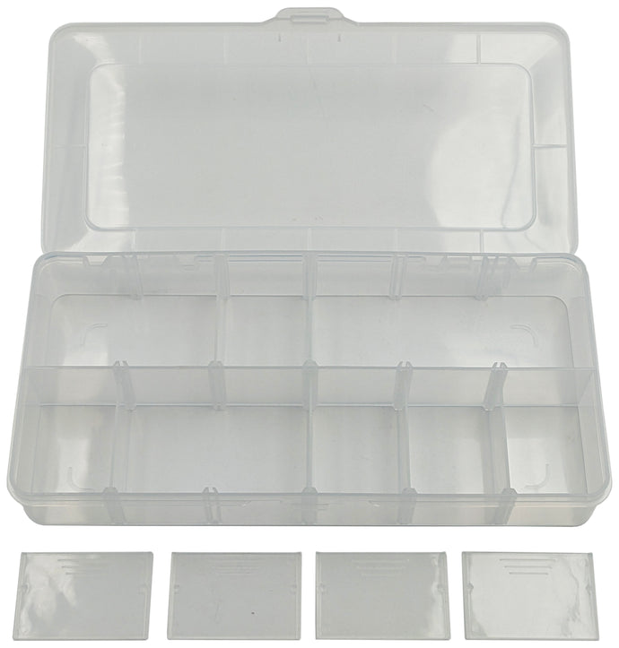 Clear Component Storage Box with Lid, Removable Dividers, 2 to 12 Divisions, 10