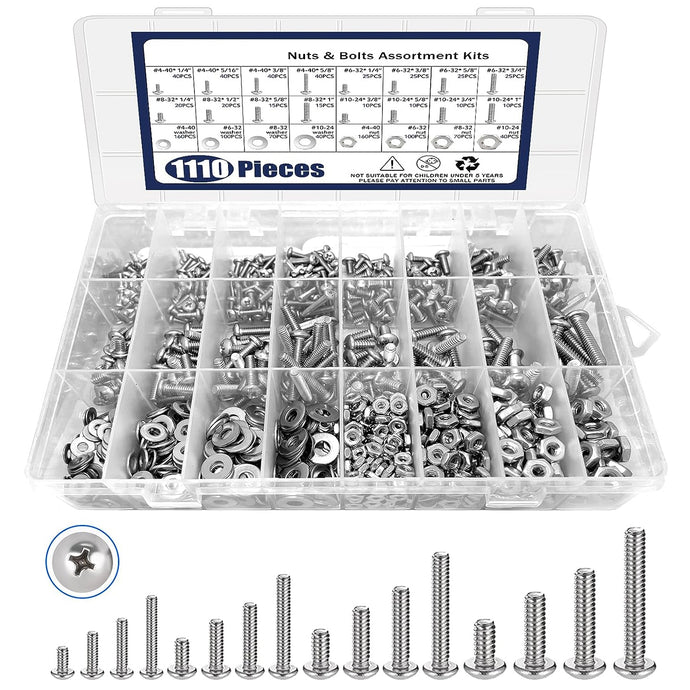 1110 Piece Nuts and Bolts Assortment Kit, Stainless Steel, Assorted Screws, Nuts, Bolts and Washers (#4-40, #6-32, #8-32, #10-24)