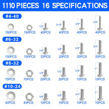 Load image into Gallery viewer, 1110 Piece Nuts and Bolts Assortment Kit, Stainless Steel, Assorted Screws, Nuts, Bolts and Washers (#4-40, #6-32, #8-32, #10-24)
