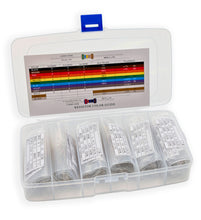 Load image into Gallery viewer, 365 Piece Resistor Kit 1/2 Watt in Compartmentalized Cardboard Storage Box - Wide Variety of Values
