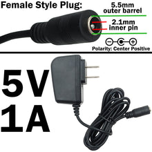 Load image into Gallery viewer, 5 Volt DC, 1 Amp Power Adapter with FEMALE 5.5mm x 2.1mm Plug, Center Positive
