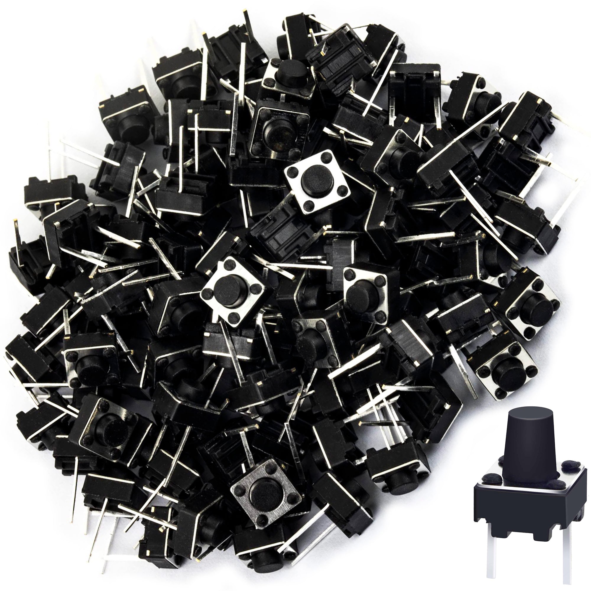 Two Time Button Pin 100 Pack Momentary Tactile Push Button Switch, 2-Pin Through Hole Moun ...