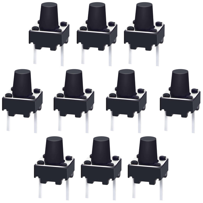 10 Pack Momentary Tactile Push Button Switch, 2-Pin Through Hole Mount for PCB or Breadboard, Size 6x6x7mm