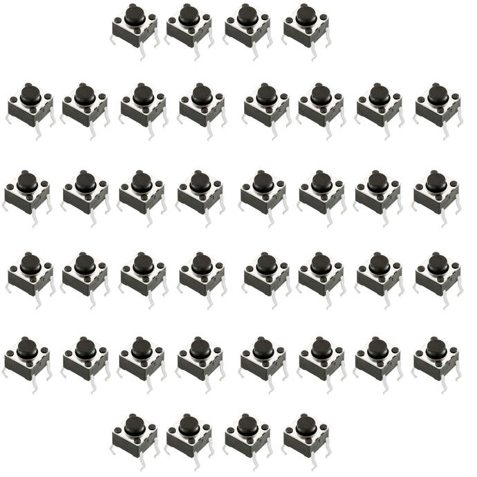 40 Pack 6mm Square Tactile Momentary Switch with Round Black Button, Button Height 1.5mm