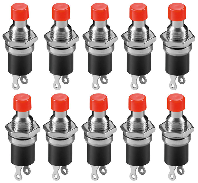 10 Pack Normally Open Momentary Switch with Round Red Button, 2-Pin Solder Lug Termination