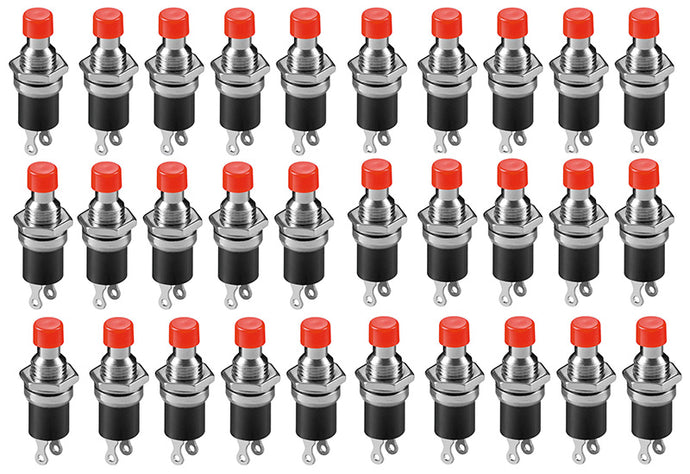 30 Pack Normally Open Momentary Switch with Round Red Button, 2-Pin Solder Lug Termination