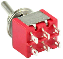 Load image into Gallery viewer, Mini DPDT Toggle Switch ON-ON with 6-Pin Solder Lug Termination, 6A @ 125V AC (0.51&quot; x 0.5&quot; x 1.15&quot;)

