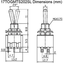 Load image into Gallery viewer, Mini DPDT Toggle Switch ON-ON with 6-Pin Solder Lug Termination, 6A @ 125V AC (0.51&quot; x 0.5&quot; x 1.15&quot;)
