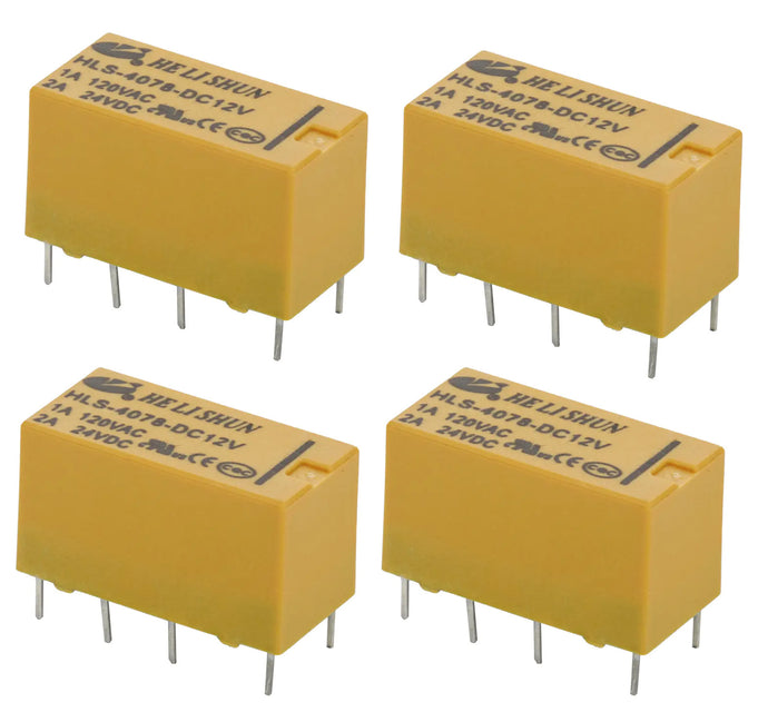 4 Pack 12V Relay DIP, Coil Arrangement: 2 Form C (DPDT), Capable of Switching Loads up to 2A, HLS-4078-DC12V