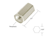 Load image into Gallery viewer, 5 Pack Threaded Spacers ½ Inch Length, #6-32 Thread Size, 0.25 Inches Outer Diameter
