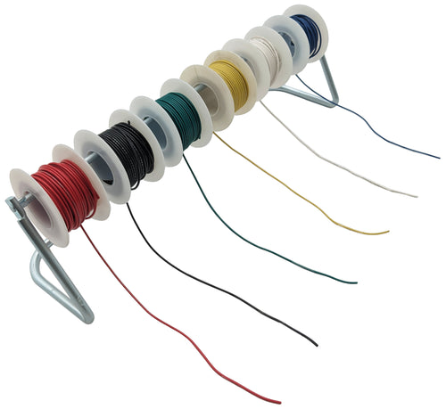 Hook-Up Solid Wire Kit | Six 24 gauge wire spools, 25 ft. each | Assorted colors: Red, black, green, yellow, blue, white | All 6 spools fit on the included metal holder, which keeps hook-up wire at the ready
