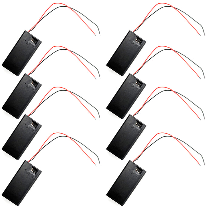 8 Pack 9V Battery Holder with Cover, ON/OFF Switch, Red & Black Wire Leads