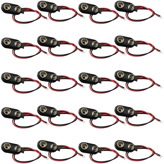 20 Pack 9V Battery Snaps with Red and Black Leads, I-Type, 9 Volt Battery Connectors