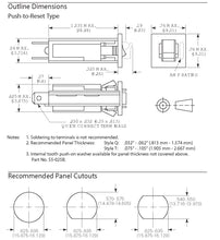 Load image into Gallery viewer, 2A Thermal Circuit Breaker, 1 Pole, 250V AC / 32V DC, Snap-in Panel Mount with Push to Reset Actuator (W28-XQ1A-2)
