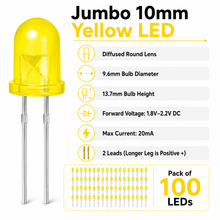 Load image into Gallery viewer, 10mm Jumbo Round Yellow Diffused LED, 2-Pin Through-Hole, 1.8–2.2V 20mA - 100 Pack
