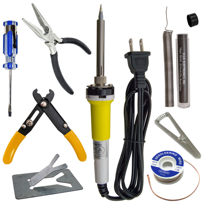 Bare Bones Toolkit - Soldering Iron, Solder, Desoldering Wick, Soldering Heatsink, Wire Stripper, Needle Nose Pliers, Mini Slotted Screwdriver