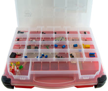Load image into Gallery viewer, 90 Piece Electronic Components Hobby Pack - Includes LEDs, Photocells, Regulators, Transistors, Diode, Inductors, Relays, Trim Pots, Switches, DC Motors, and more
