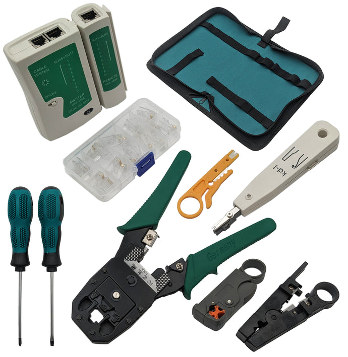 9-in-1 Network Toolkit with RJ45 Ethernet Crimping Tool, Krone Type Punch Down Tool, Networking Cable Tester, RJ45 Connectors, and Wire Strippers with Carrying Case