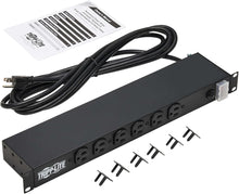 Load image into Gallery viewer, Tripp Lite 12-Outlet Rackmount PDU Power Strip, Network-Grade Front &amp; Rear Facing Outlets, 20A, 120V, 15ft Cord with 5-20P Plug, Horizontal 1U Rack Mount (RS1215-20)
