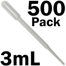 Load image into Gallery viewer, 500 Pack 3mL Transfer Pipettes with 0.5mL Graduation Intervals, Polyethylene Plastic

