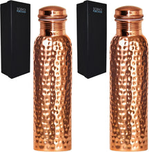 Load image into Gallery viewer, 2 Pack 30 Ounce Pure Copper Drinking Vessel in Elegant Gift Boxes, Hammered Water Bottle with Screw-On Cap, Ayurvedic Benefits
