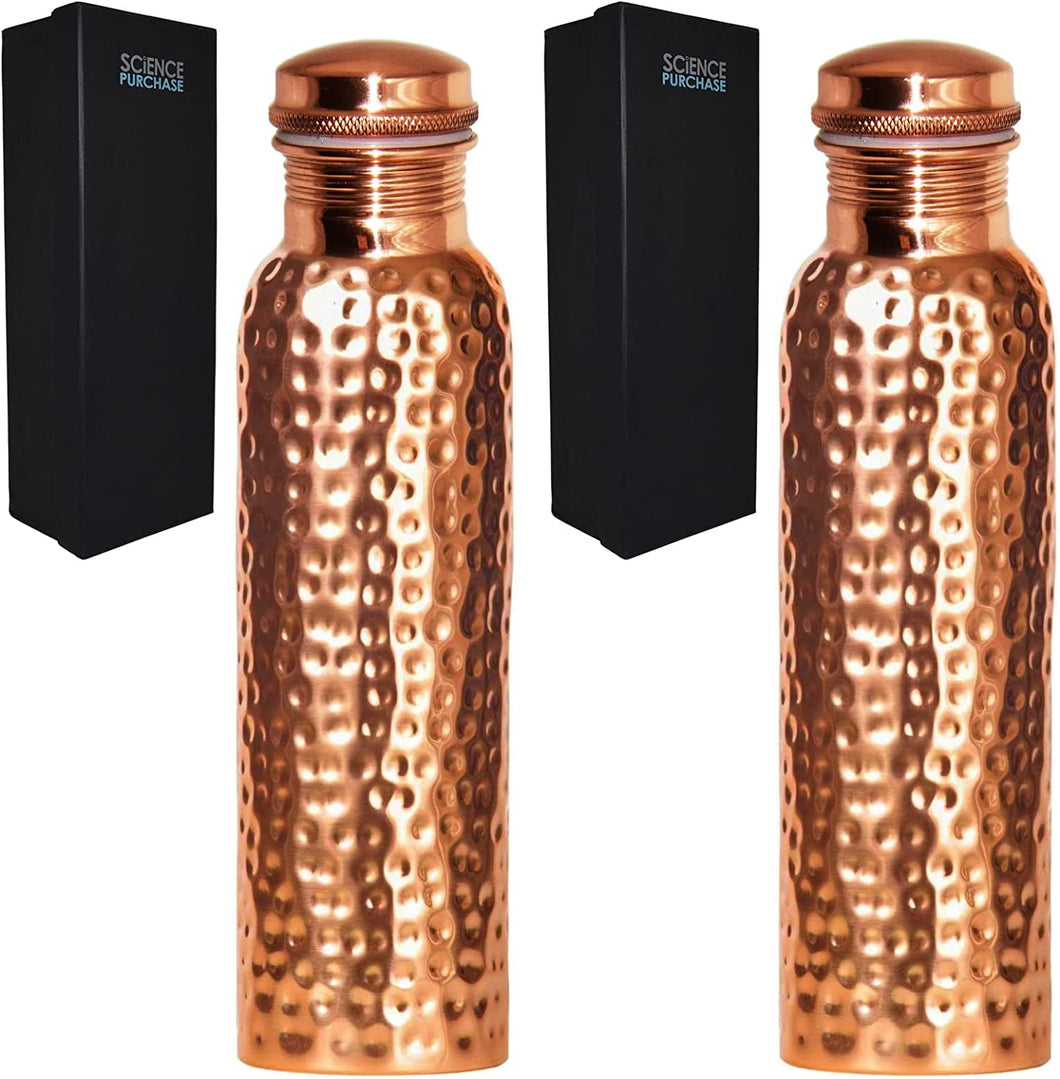 2 Pack 30 Ounce Pure Copper Drinking Vessel in Elegant Gift Boxes, Hammered Water Bottle with Screw-On Cap, Ayurvedic Benefits