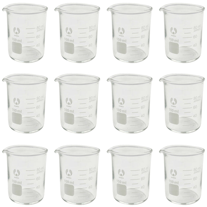 12 Pack 100mL Graduated Glass Beakers, Low Form