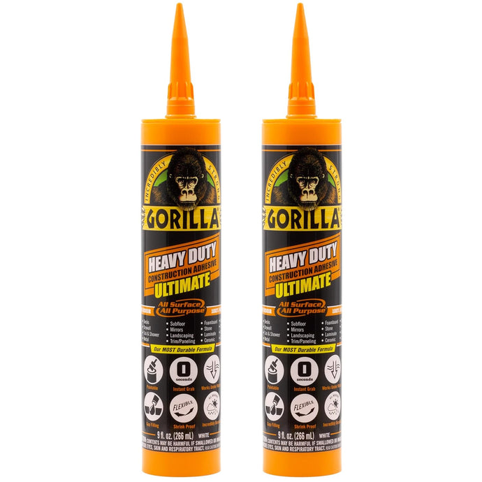 Gorilla 2 Pack 9 Ounce Cartridges Heavy Duty Ultimate Construction Adhesive, White