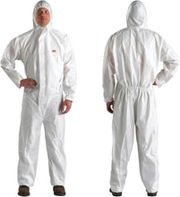 Load image into Gallery viewer, 3M Disposable Protective Coverall, White, Hooded with Elastic Cuff, Two-way Zipper, Antistatic, Painting and Coating, Food Safety, Size Medium (4510-M)
