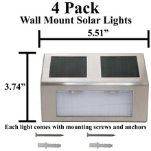 Load image into Gallery viewer, 4 Pack Solar Charging Wall Mount Downward Facing Cool White LED Lights with Mounting Screws, Outdoor Weatherproof, Automatic On and Off, Modern Slim Design, Stainless Steel, Silver Color

