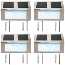 Load image into Gallery viewer, 4 Pack Solar Charging Wall Mount Downward Facing Cool White LED Lights with Mounting Screws, Outdoor Weatherproof, Automatic On and Off, Modern Slim Design, Stainless Steel, Silver Color
